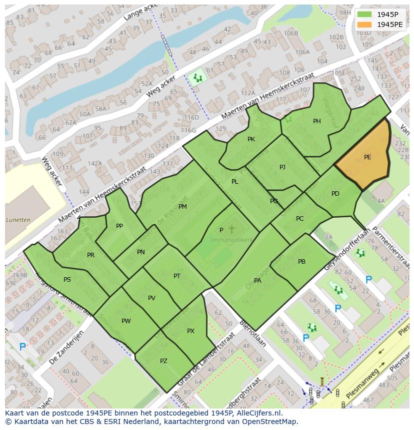 Afbeelding van het postcodegebied 1945 PE op de kaart.