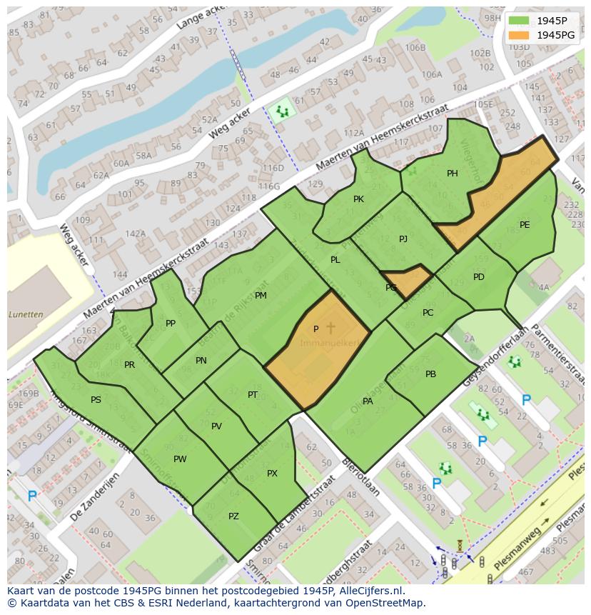Afbeelding van het postcodegebied 1945 PG op de kaart.