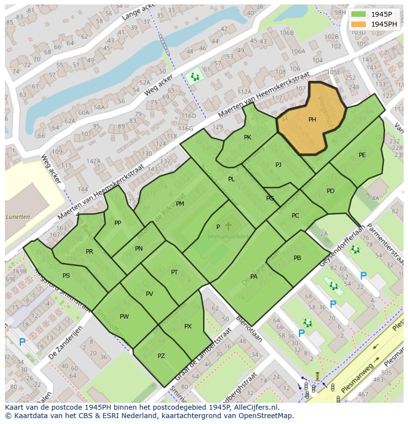 Afbeelding van het postcodegebied 1945 PH op de kaart.
