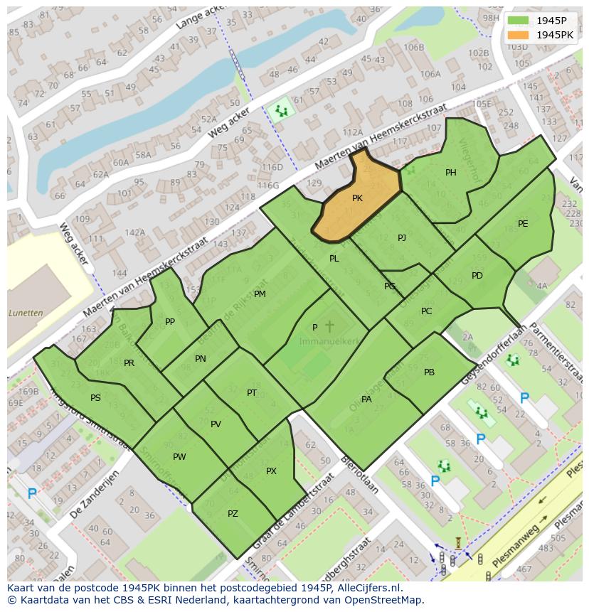 Afbeelding van het postcodegebied 1945 PK op de kaart.