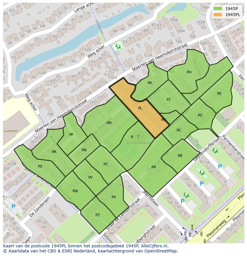 Afbeelding van het postcodegebied 1945 PL op de kaart.