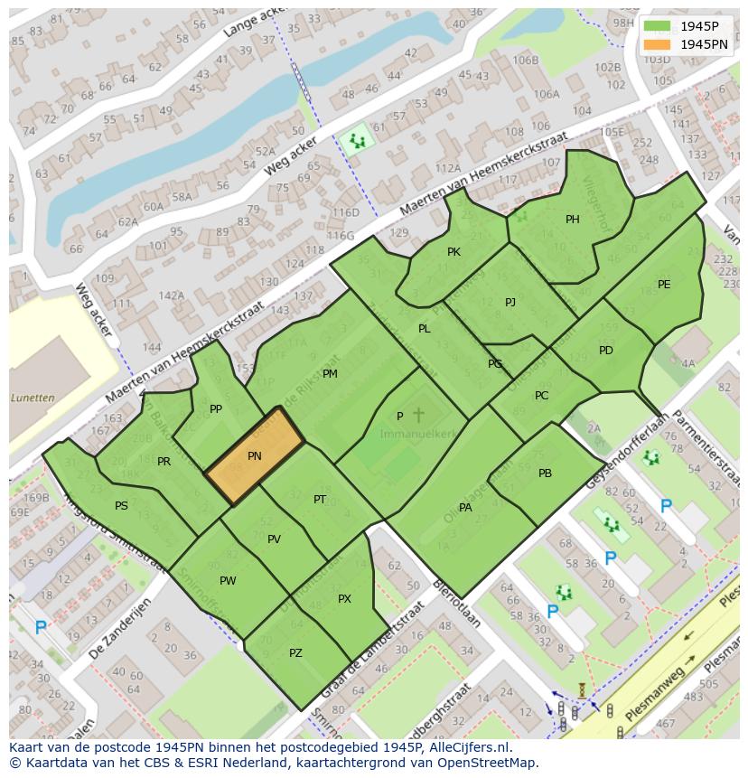 Afbeelding van het postcodegebied 1945 PN op de kaart.