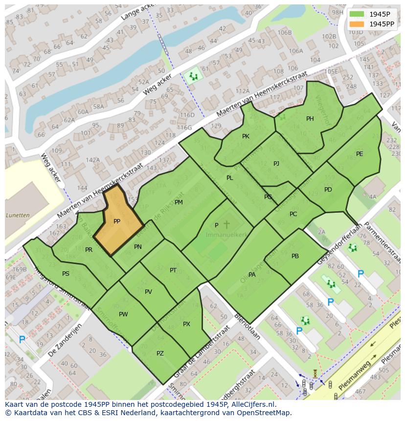 Afbeelding van het postcodegebied 1945 PP op de kaart.
