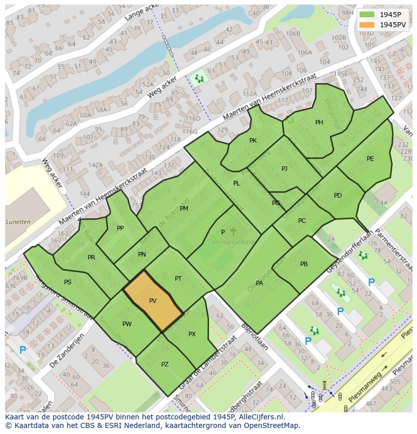 Afbeelding van het postcodegebied 1945 PV op de kaart.