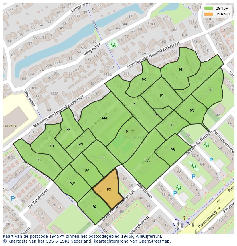 Afbeelding van het postcodegebied 1945 PX op de kaart.