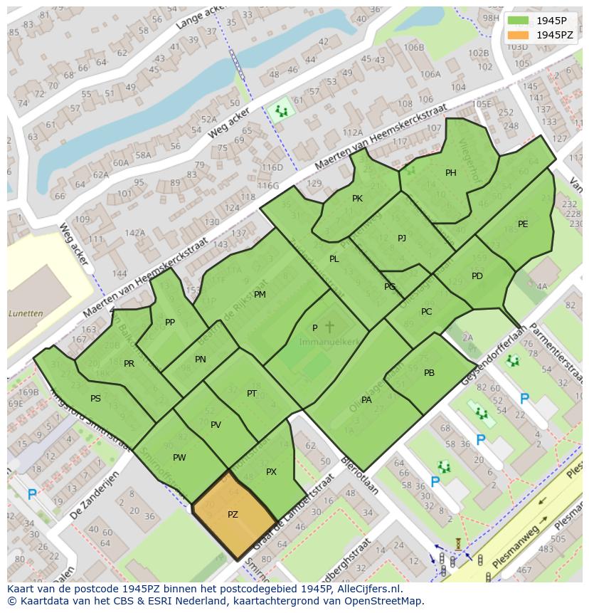 Afbeelding van het postcodegebied 1945 PZ op de kaart.