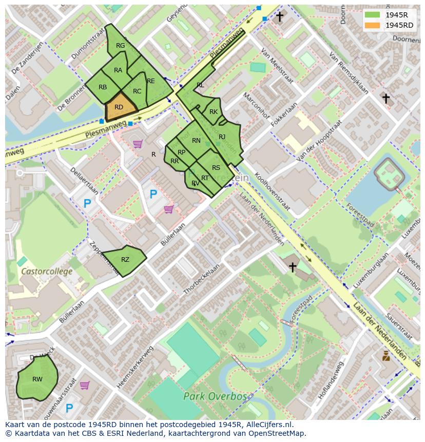 Afbeelding van het postcodegebied 1945 RD op de kaart.