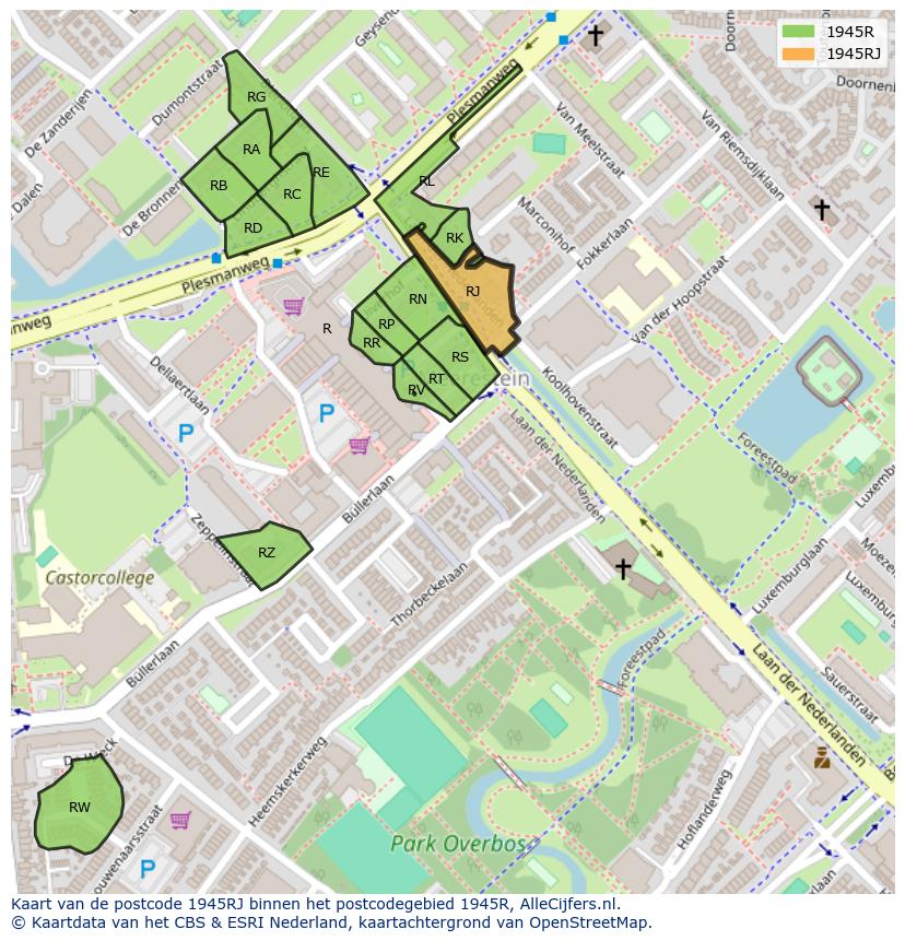Afbeelding van het postcodegebied 1945 RJ op de kaart.