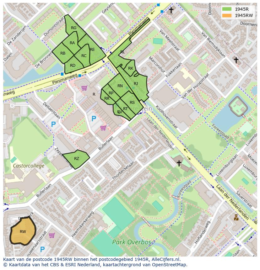 Afbeelding van het postcodegebied 1945 RW op de kaart.