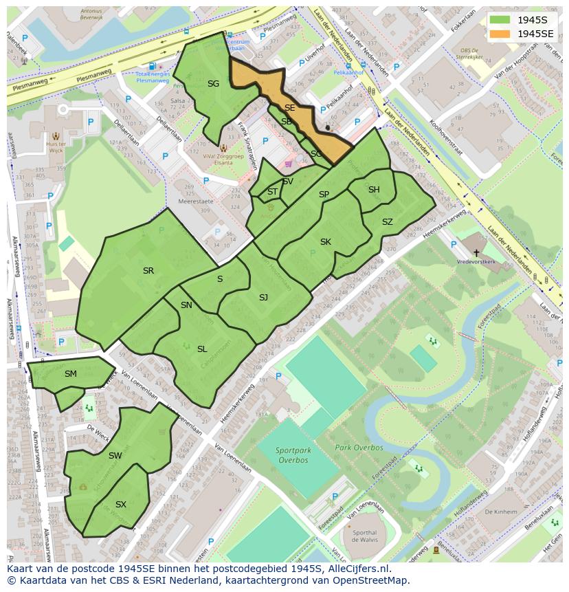 Afbeelding van het postcodegebied 1945 SE op de kaart.