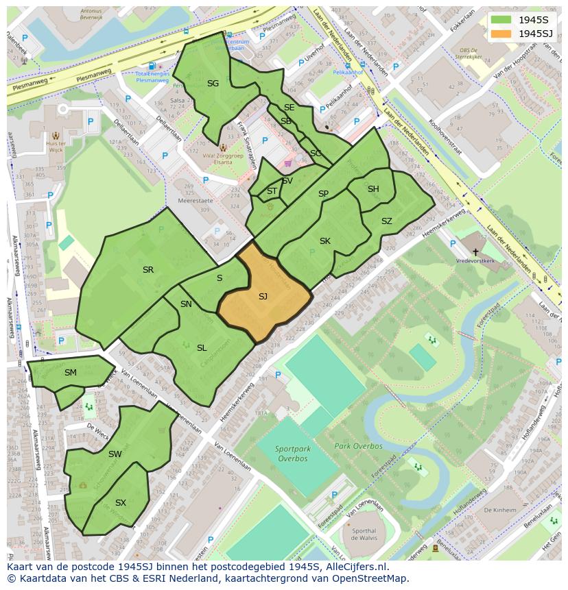 Afbeelding van het postcodegebied 1945 SJ op de kaart.