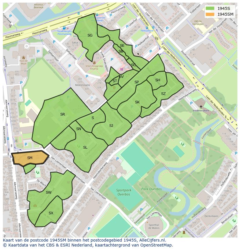 Afbeelding van het postcodegebied 1945 SM op de kaart.