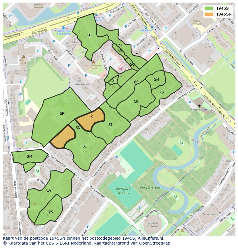 Afbeelding van het postcodegebied 1945 SN op de kaart.