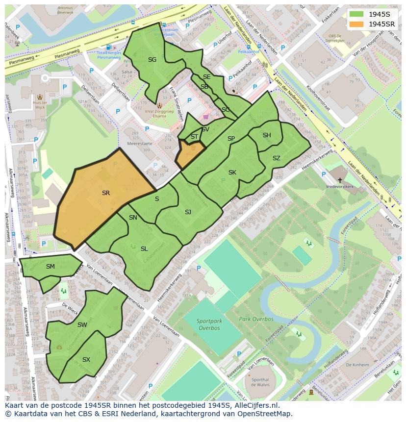 Afbeelding van het postcodegebied 1945 SR op de kaart.