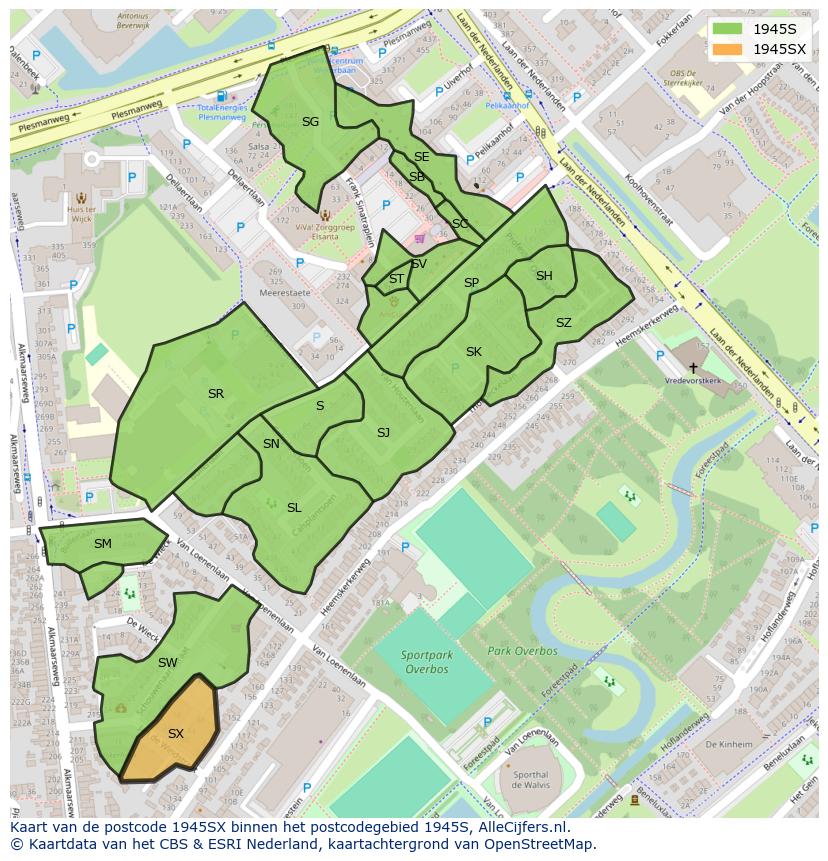 Afbeelding van het postcodegebied 1945 SX op de kaart.