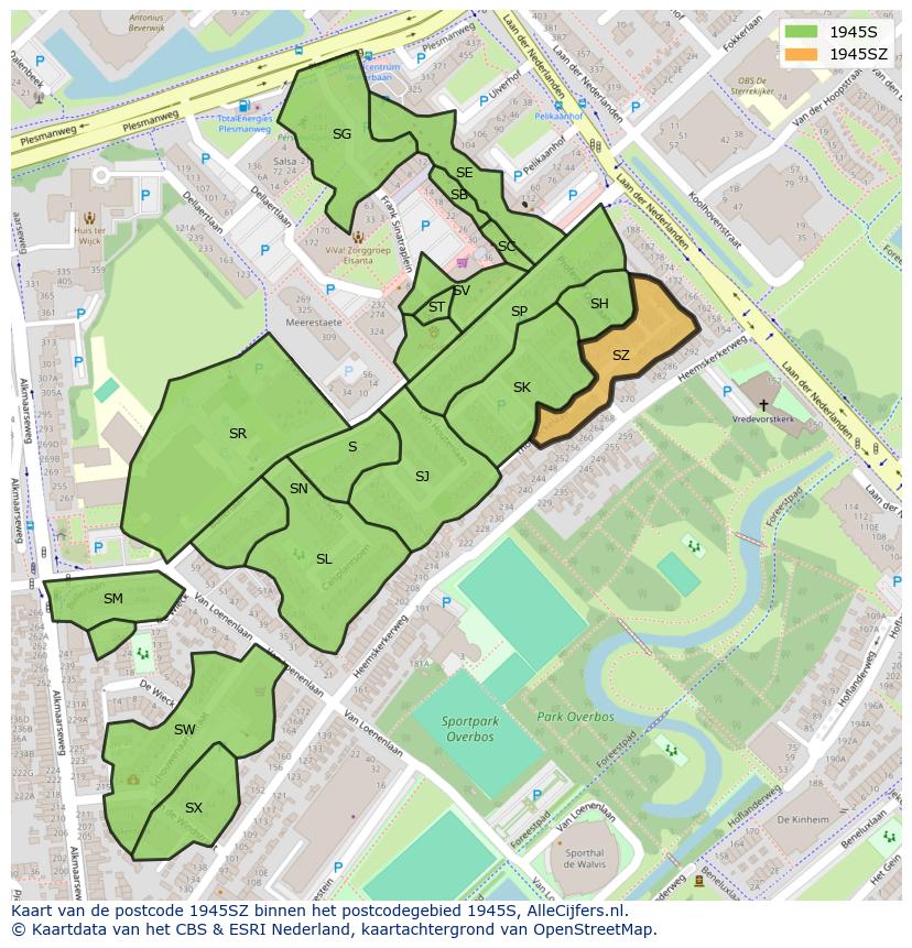 Afbeelding van het postcodegebied 1945 SZ op de kaart.