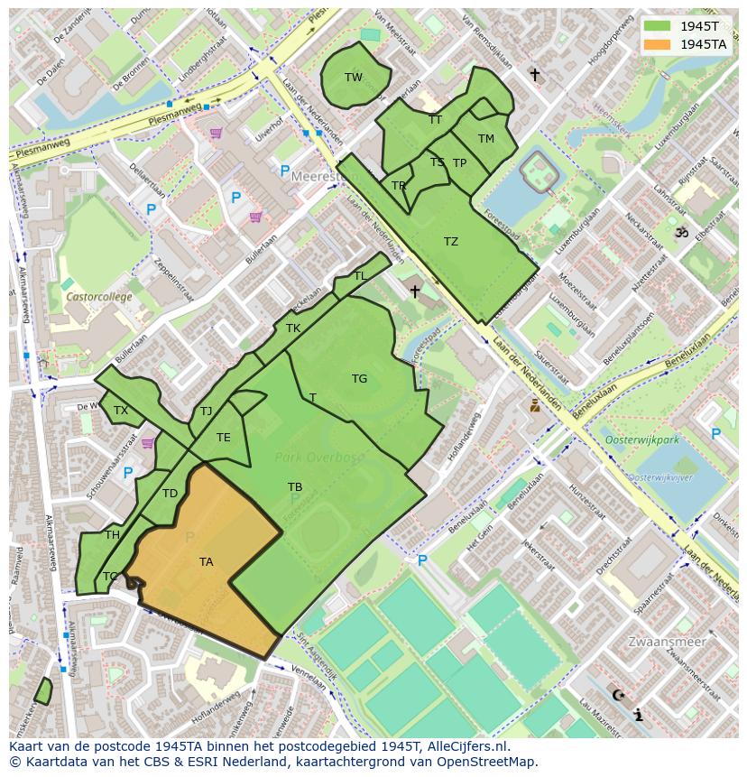 Afbeelding van het postcodegebied 1945 TA op de kaart.