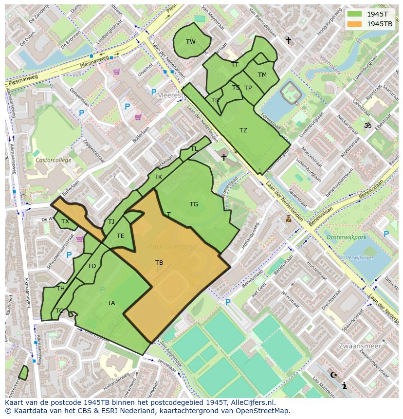 Afbeelding van het postcodegebied 1945 TB op de kaart.
