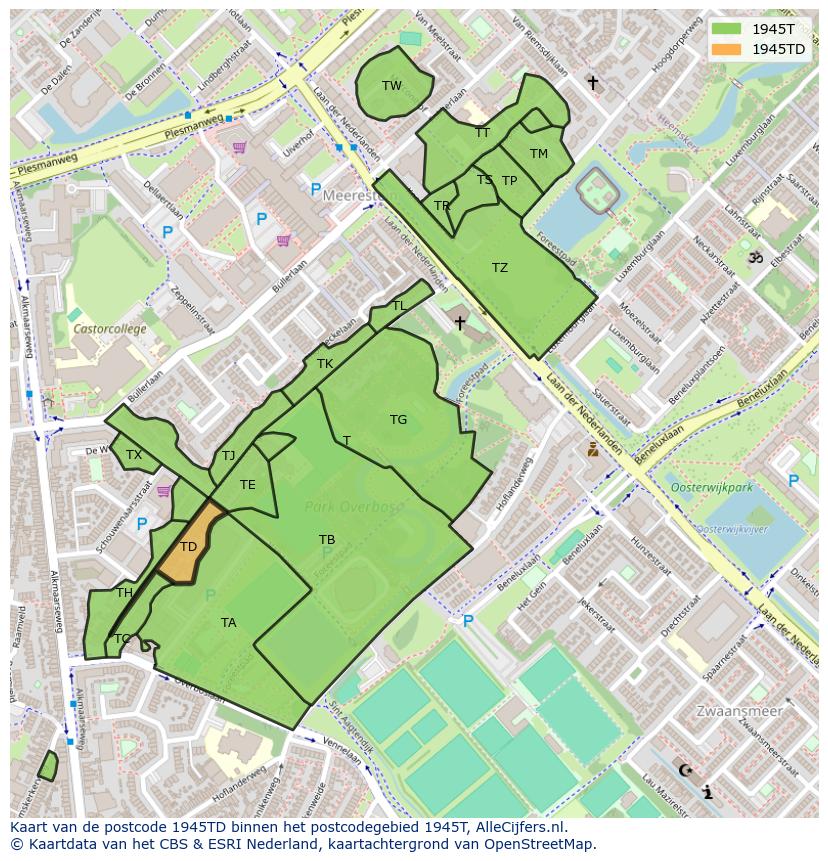 Afbeelding van het postcodegebied 1945 TD op de kaart.