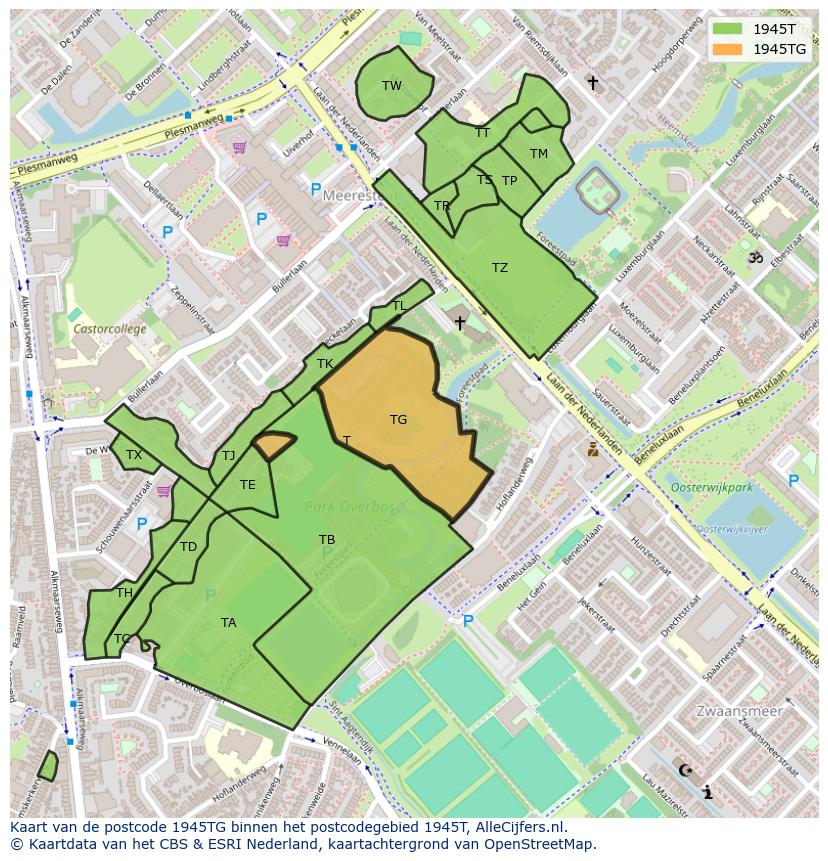 Afbeelding van het postcodegebied 1945 TG op de kaart.