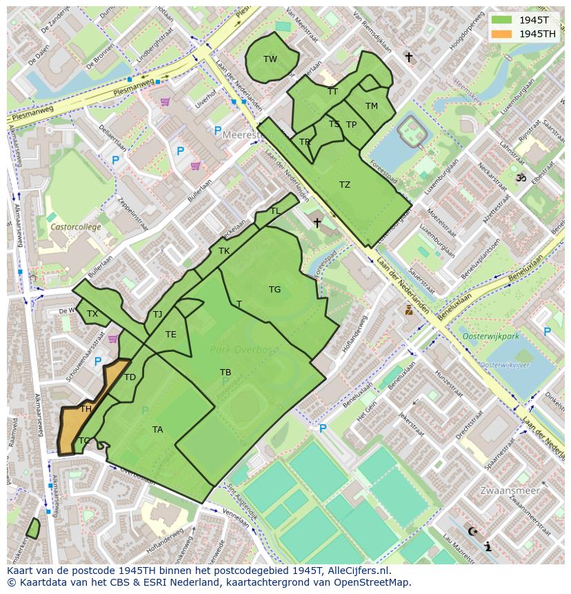 Afbeelding van het postcodegebied 1945 TH op de kaart.