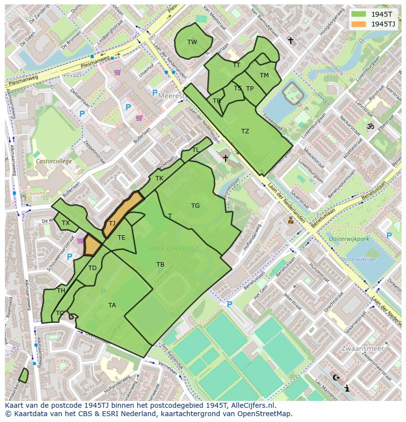 Afbeelding van het postcodegebied 1945 TJ op de kaart.
