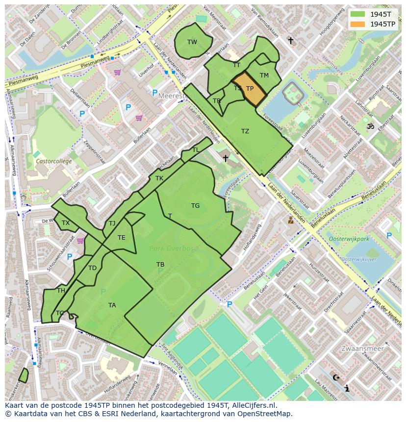 Afbeelding van het postcodegebied 1945 TP op de kaart.