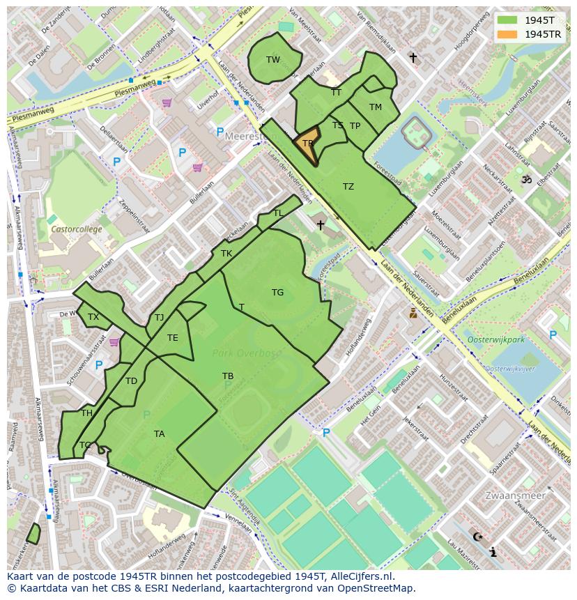 Afbeelding van het postcodegebied 1945 TR op de kaart.