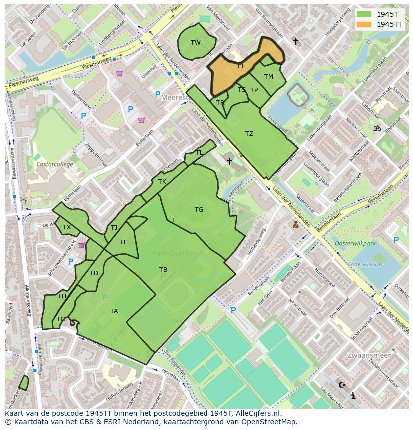 Afbeelding van het postcodegebied 1945 TT op de kaart.