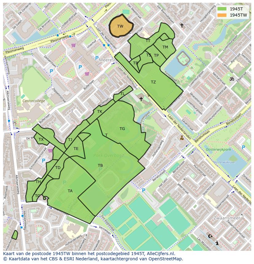 Afbeelding van het postcodegebied 1945 TW op de kaart.