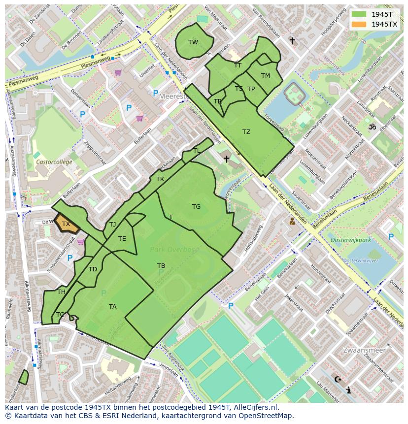 Afbeelding van het postcodegebied 1945 TX op de kaart.
