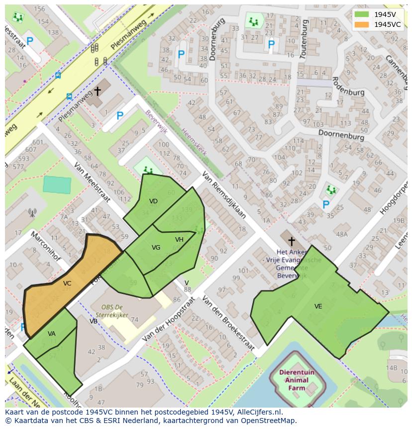 Afbeelding van het postcodegebied 1945 VC op de kaart.