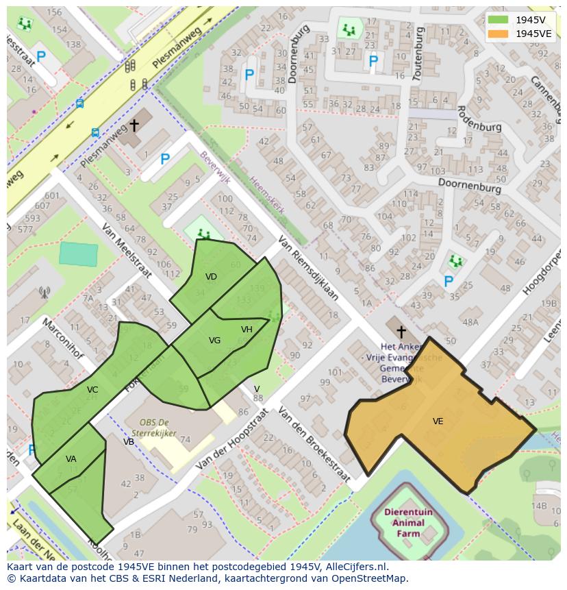 Afbeelding van het postcodegebied 1945 VE op de kaart.