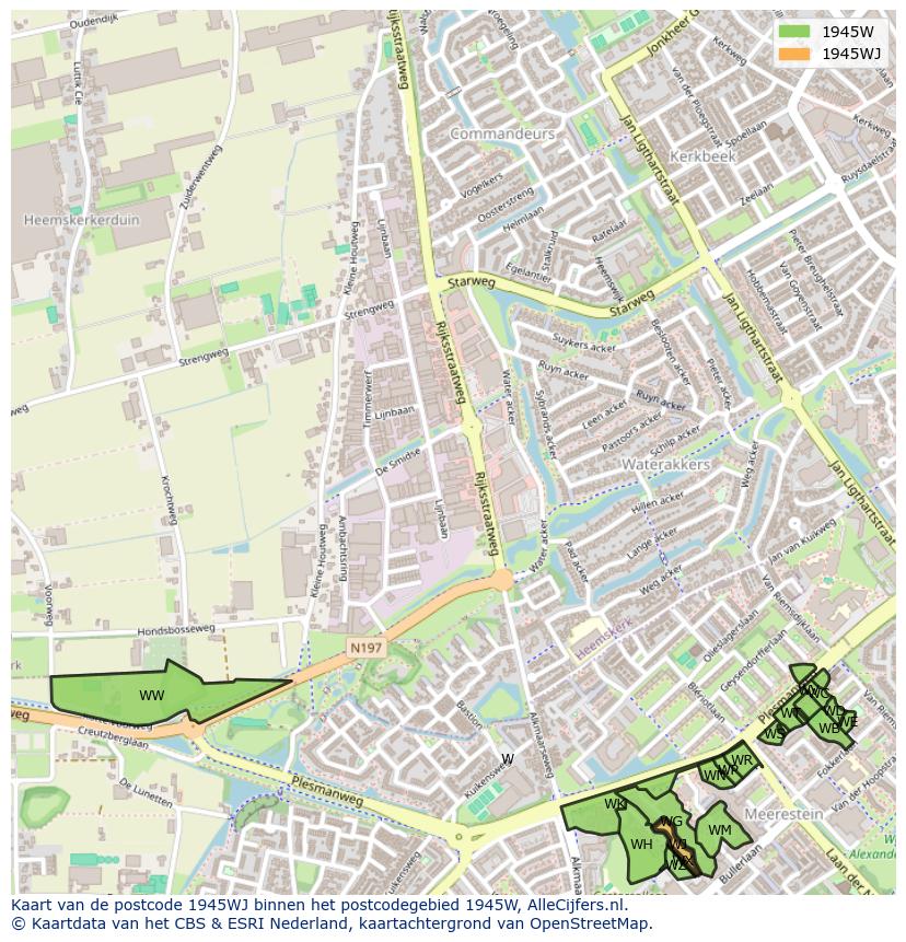 Afbeelding van het postcodegebied 1945 WJ op de kaart.