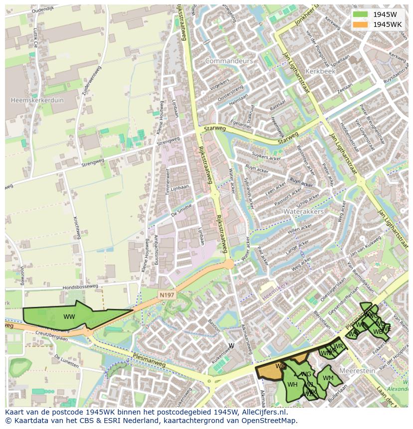 Afbeelding van het postcodegebied 1945 WK op de kaart.