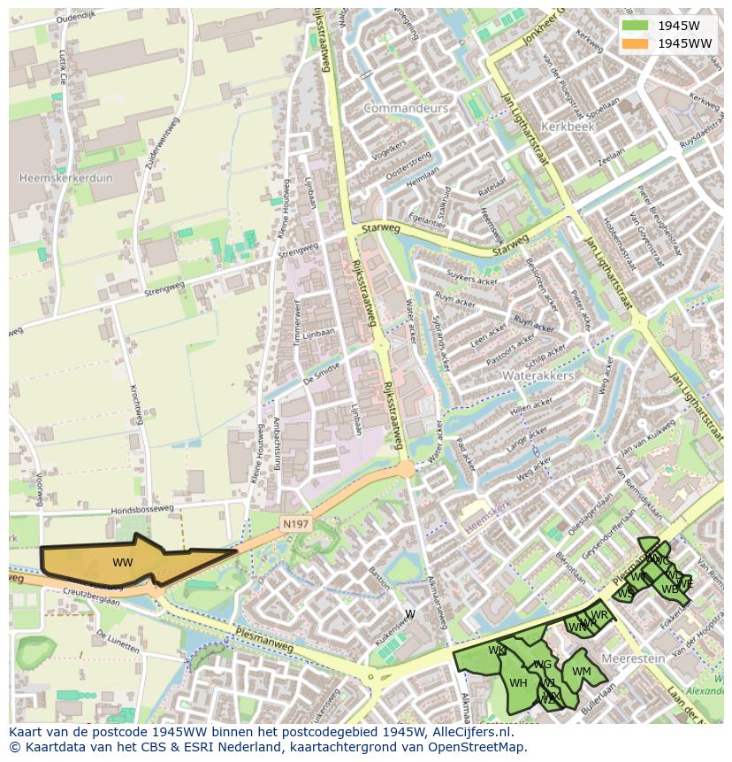 Afbeelding van het postcodegebied 1945 WW op de kaart.