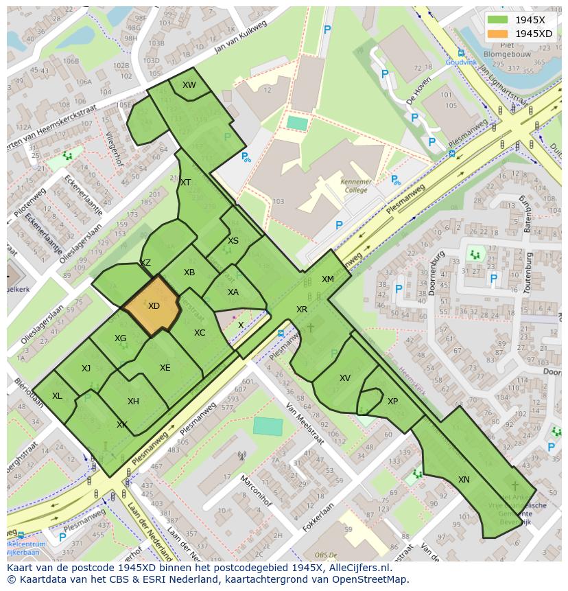 Afbeelding van het postcodegebied 1945 XD op de kaart.