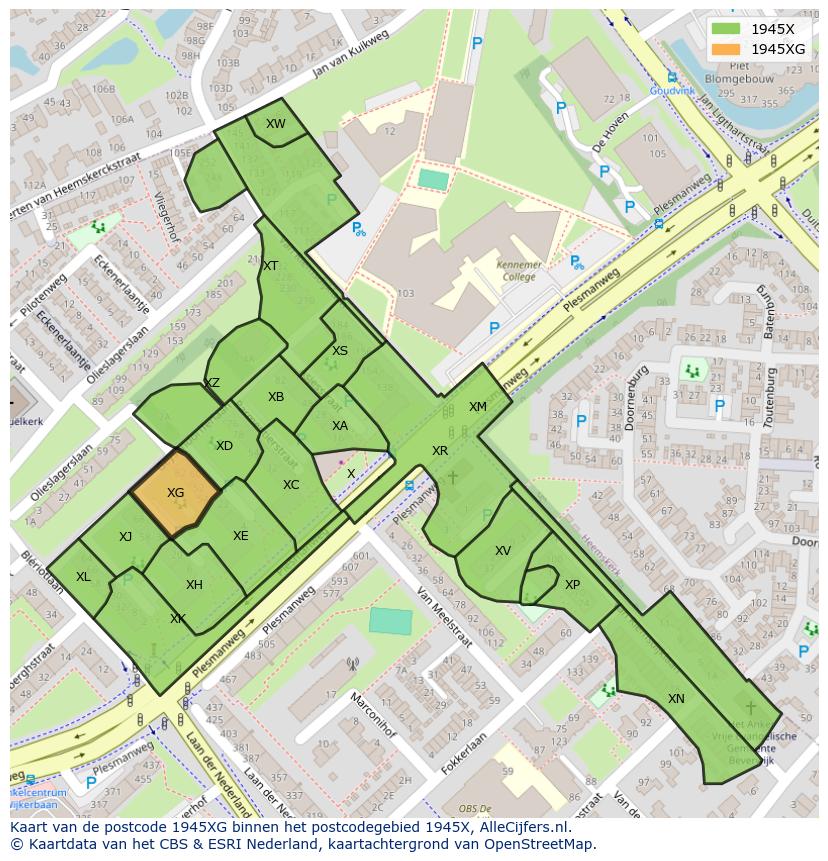 Afbeelding van het postcodegebied 1945 XG op de kaart.