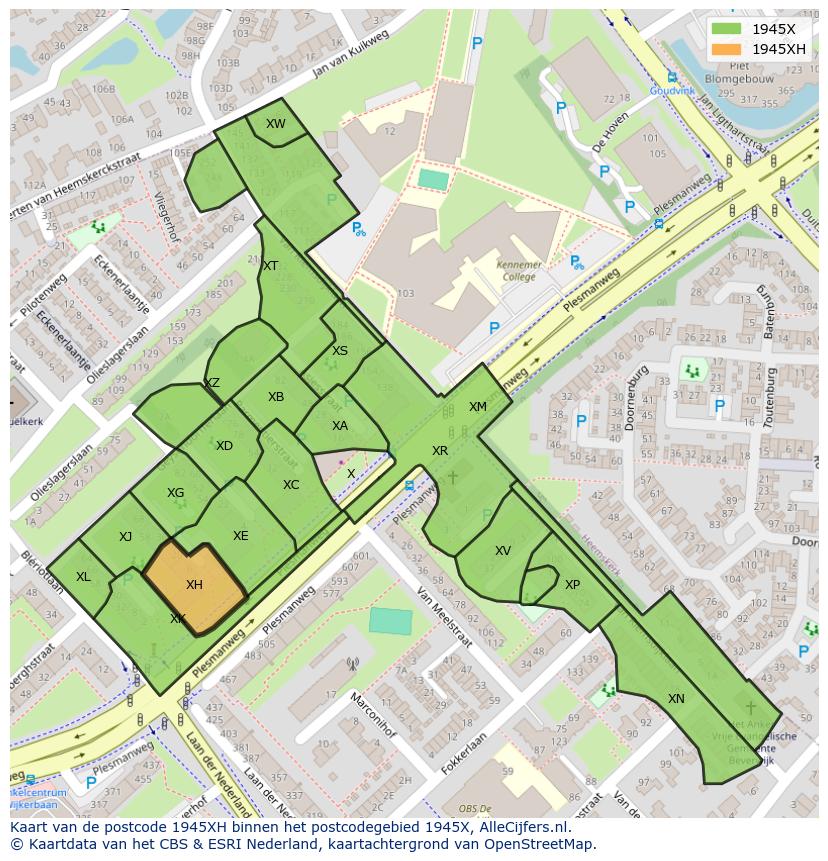 Afbeelding van het postcodegebied 1945 XH op de kaart.