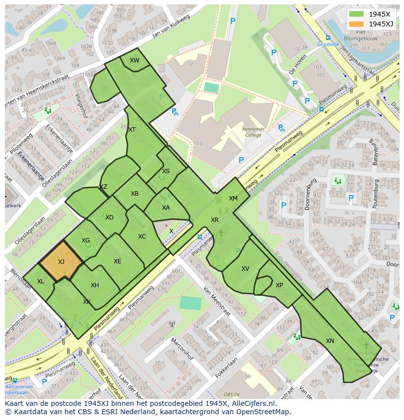 Afbeelding van het postcodegebied 1945 XJ op de kaart.