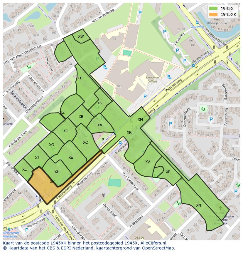 Afbeelding van het postcodegebied 1945 XK op de kaart.
