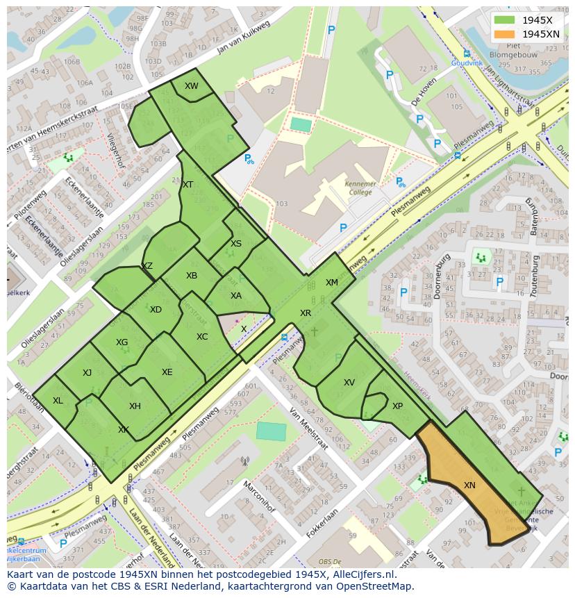 Afbeelding van het postcodegebied 1945 XN op de kaart.
