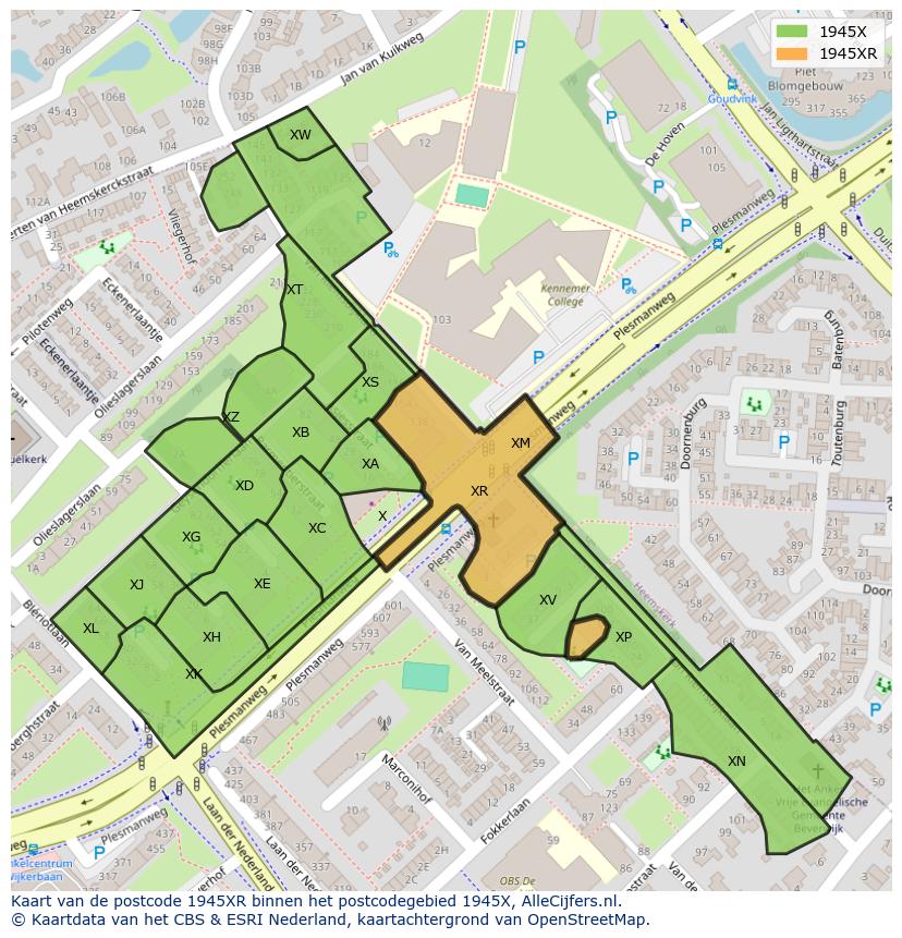 Afbeelding van het postcodegebied 1945 XR op de kaart.