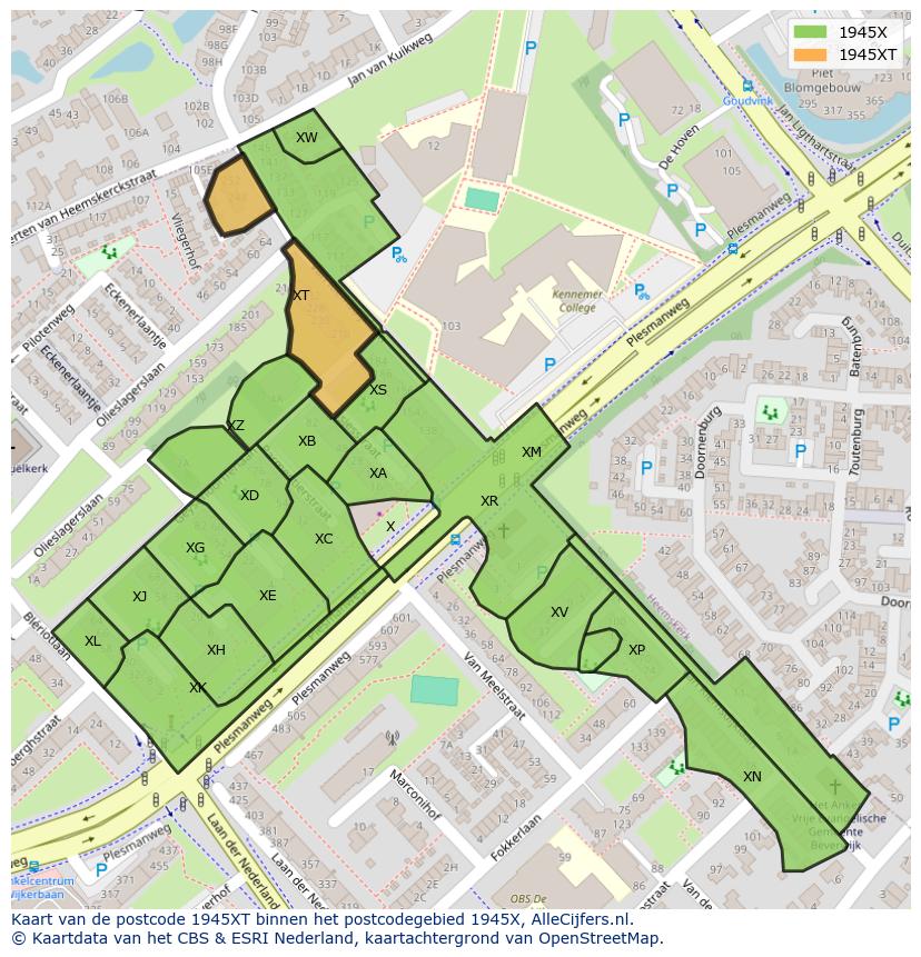 Afbeelding van het postcodegebied 1945 XT op de kaart.