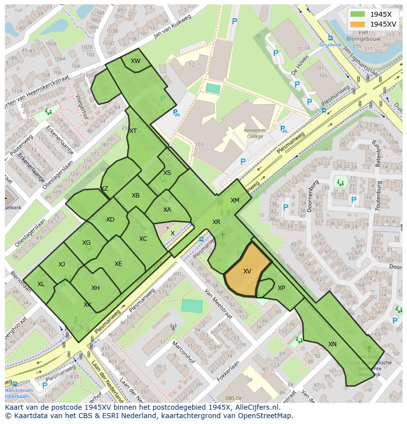 Afbeelding van het postcodegebied 1945 XV op de kaart.