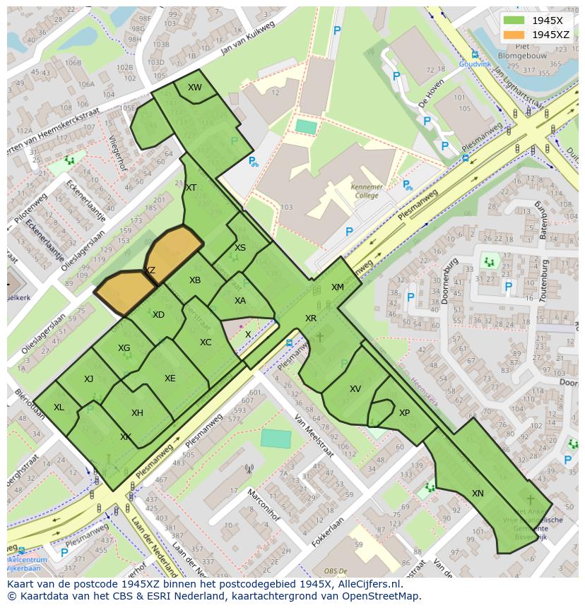 Afbeelding van het postcodegebied 1945 XZ op de kaart.