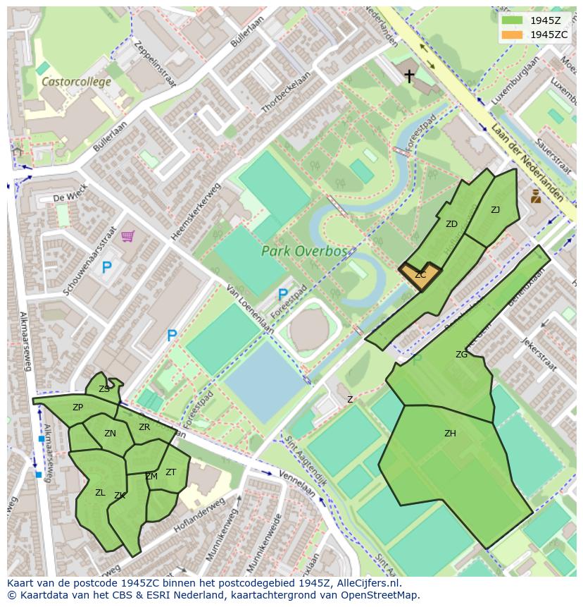 Afbeelding van het postcodegebied 1945 ZC op de kaart.