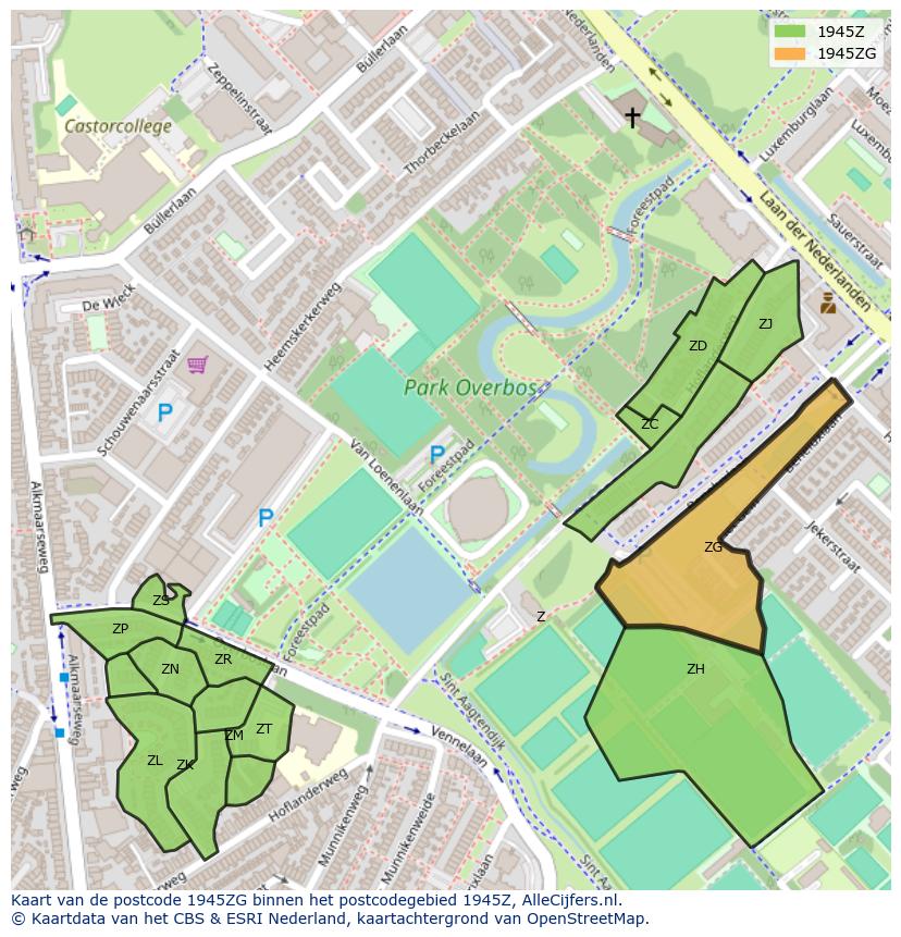 Afbeelding van het postcodegebied 1945 ZG op de kaart.
