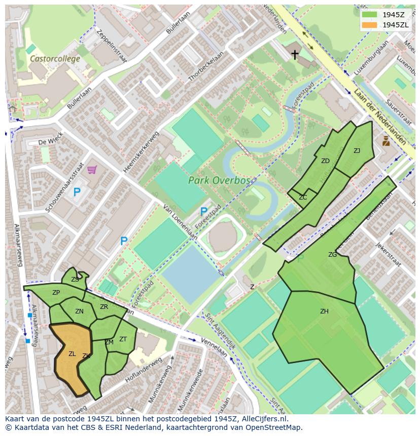 Afbeelding van het postcodegebied 1945 ZL op de kaart.