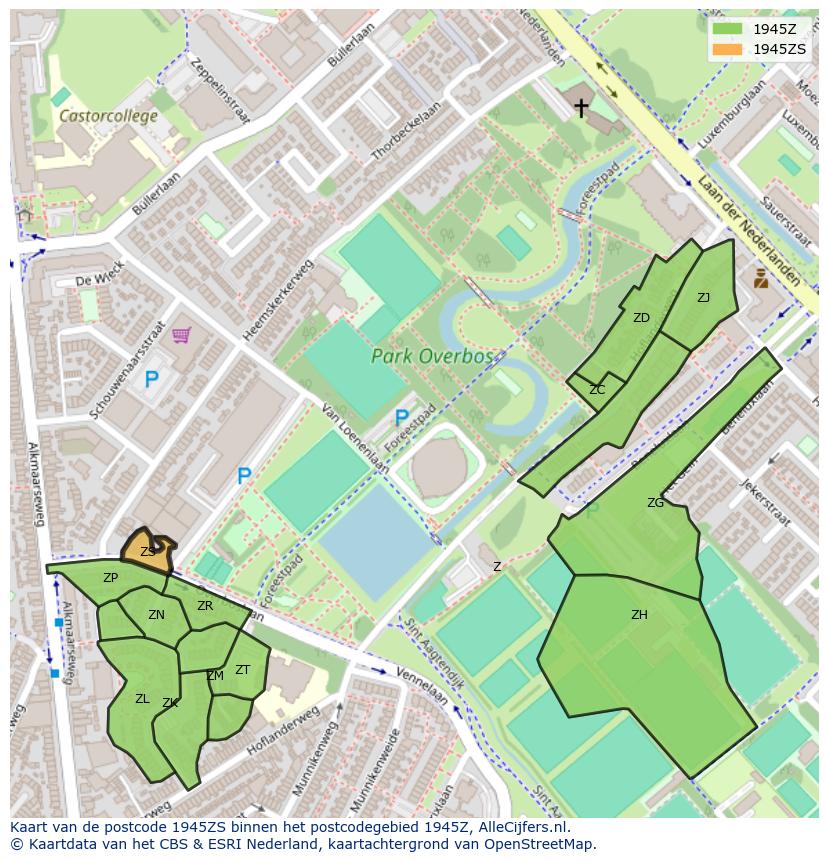 Afbeelding van het postcodegebied 1945 ZS op de kaart.